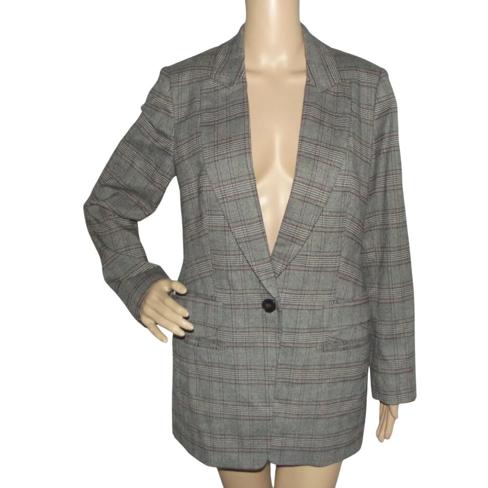 EXPRESS Blazer Womens Sz Medium Gray Burgundy Plaid jacket business office